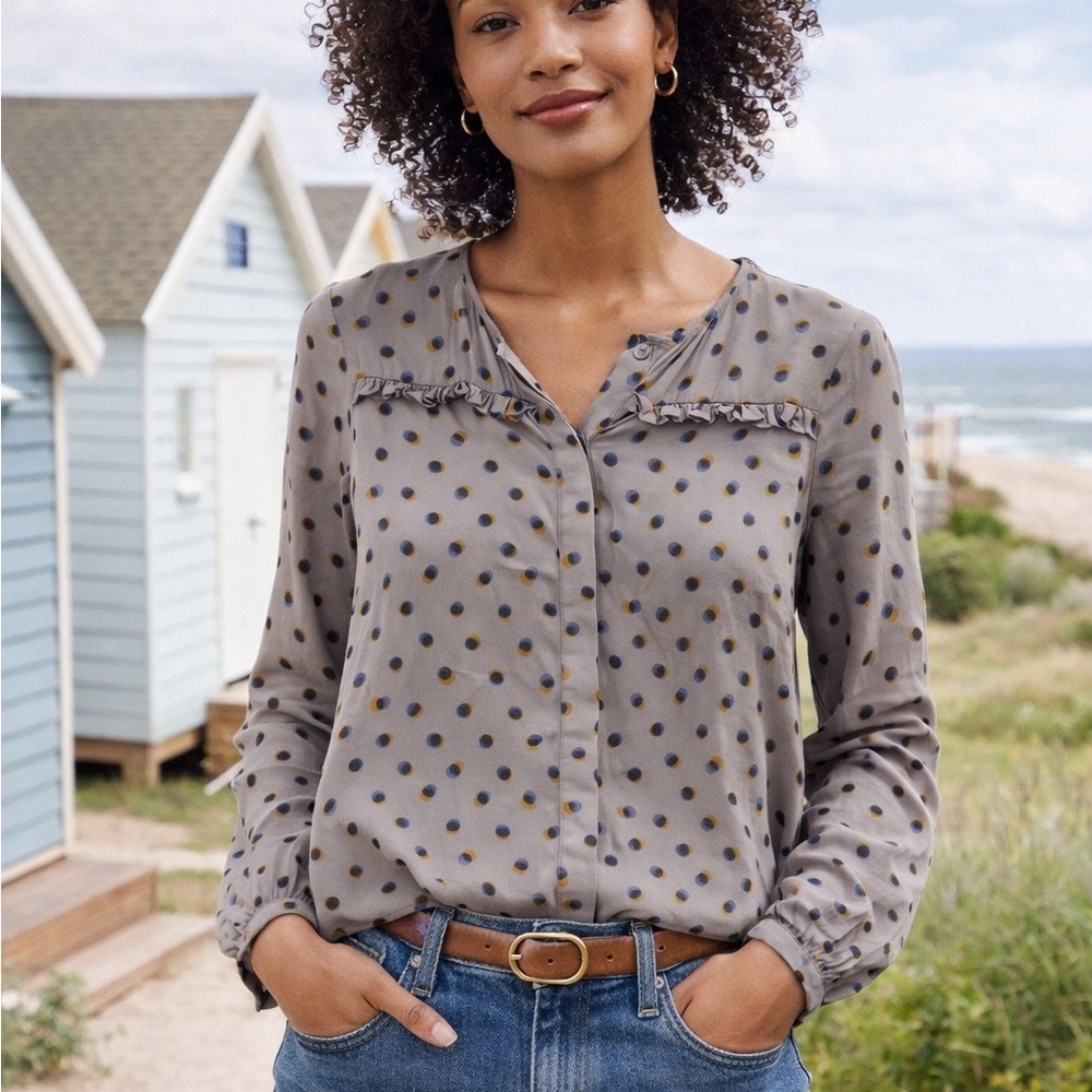 BODEN Button Front Long Sleeve Silk Ruffle Casual Feminine Blouse Top